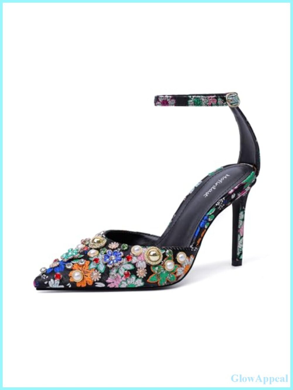 Womens Rhinestone Ankle Strap Stiletto Heels Floral Embroidery Pumps